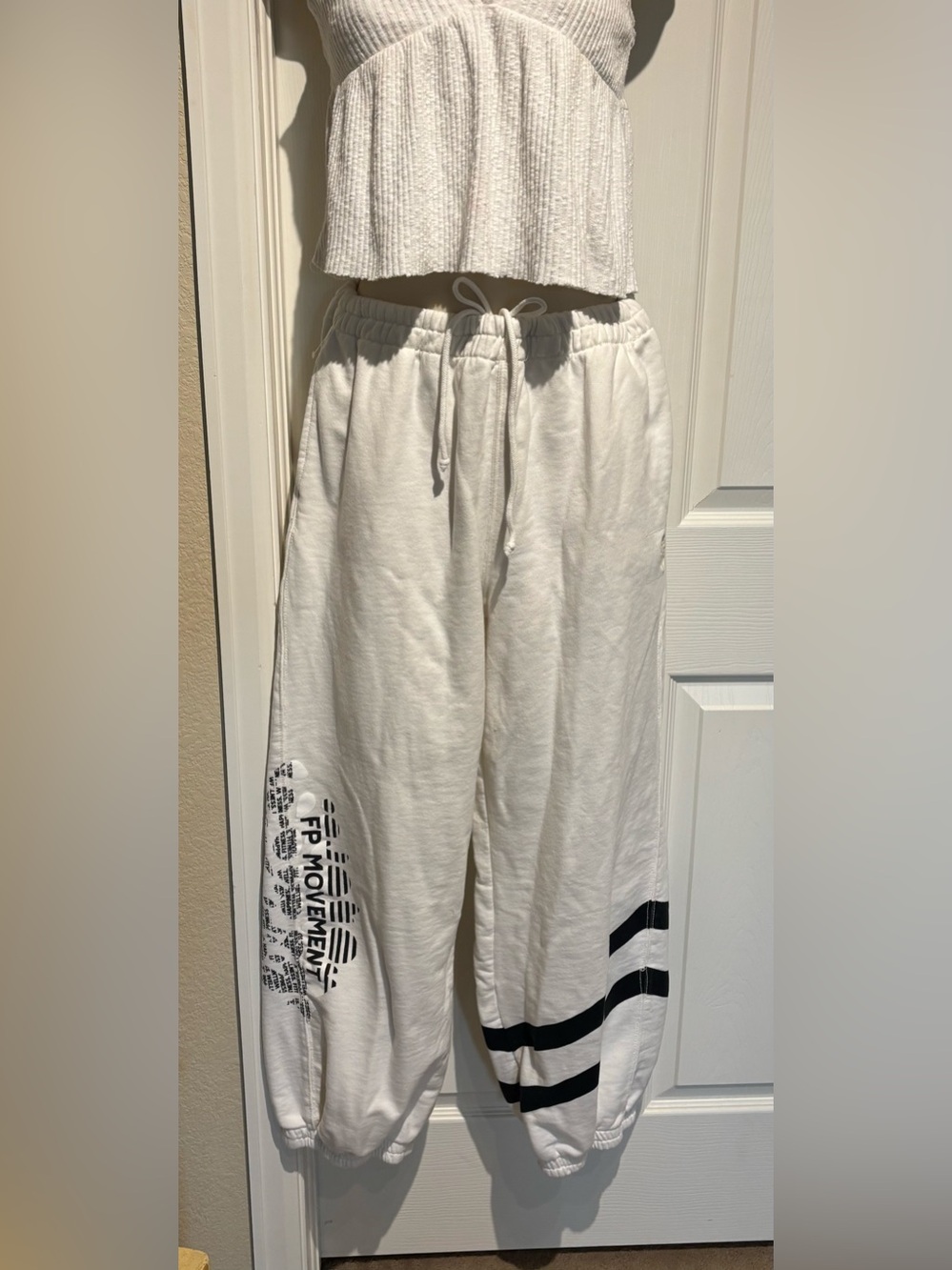 Free People FP Movement Off-White Sweatpants with Black Stripe & Graphic